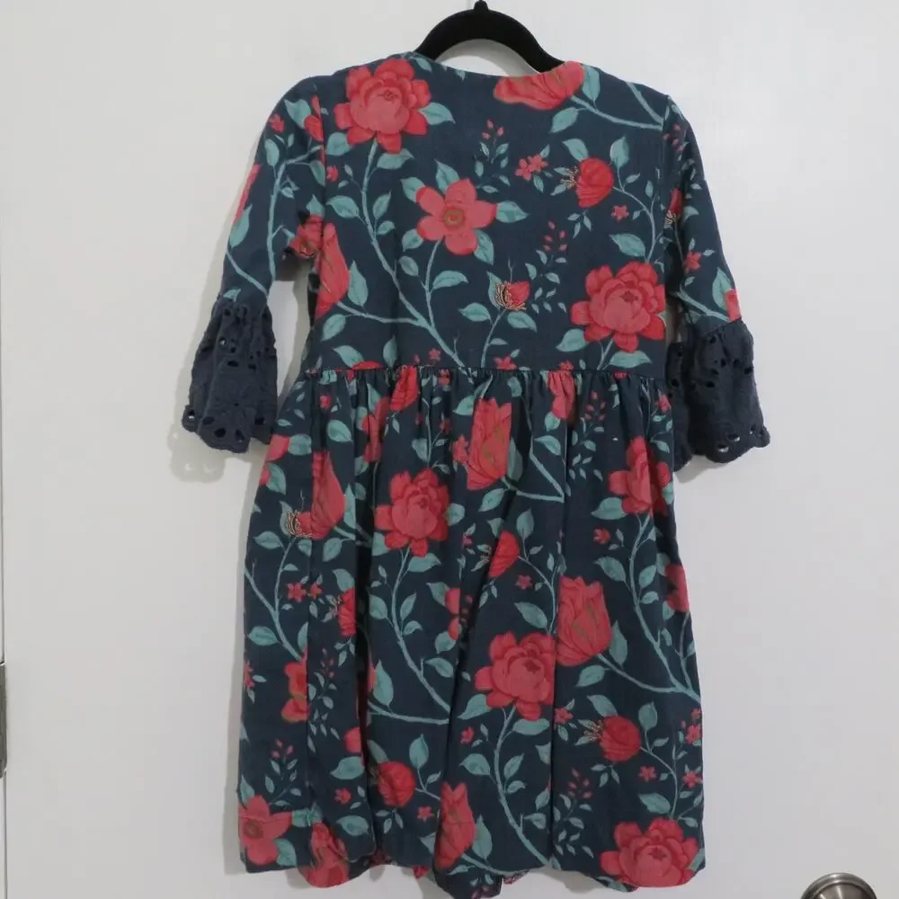 Utsa Kids Size 5-6 Years Blue Pink Floral Dress 3/4 Ruffle Sleeve